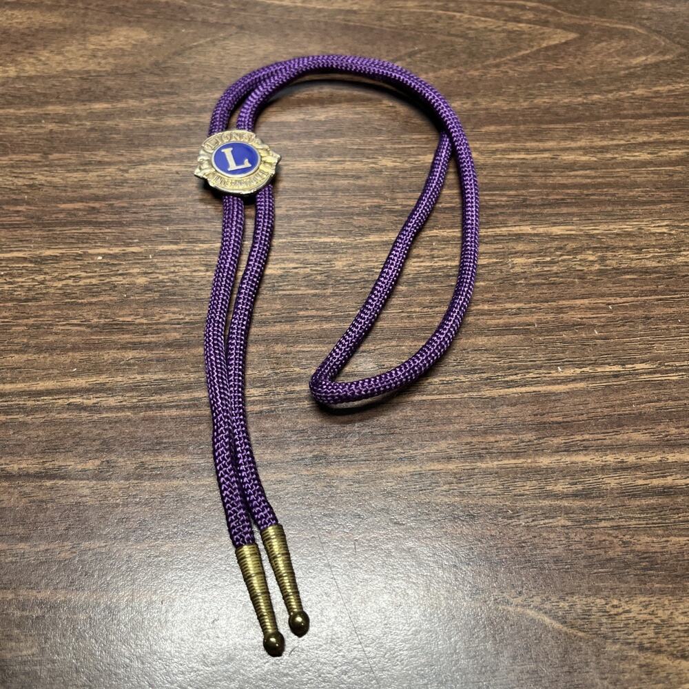 Vintage Bolo Tie Lions Club International Purple Rope, Gold Tone Metal Slide